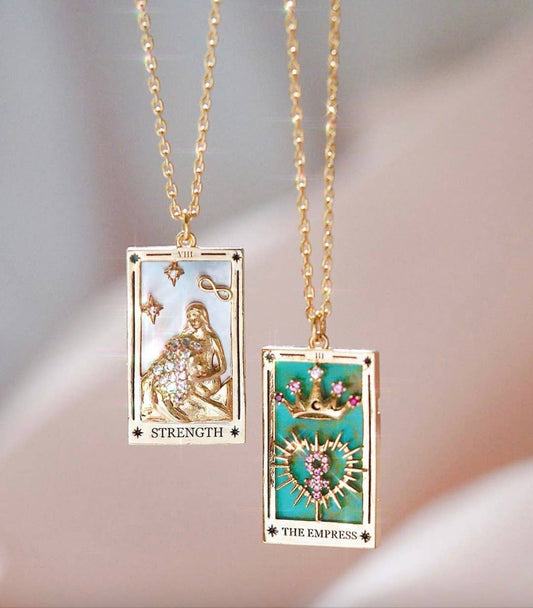 HoopLa Style - Tarot Card Necklace- Strength- Wrestling a Lion. 18K Gold