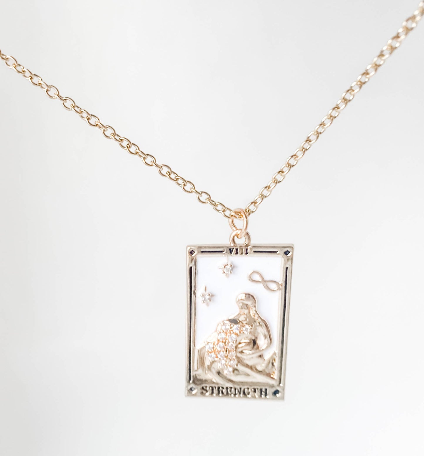 HoopLa Style - Tarot Card Necklace- Strength- Wrestling a Lion. 18K Gold