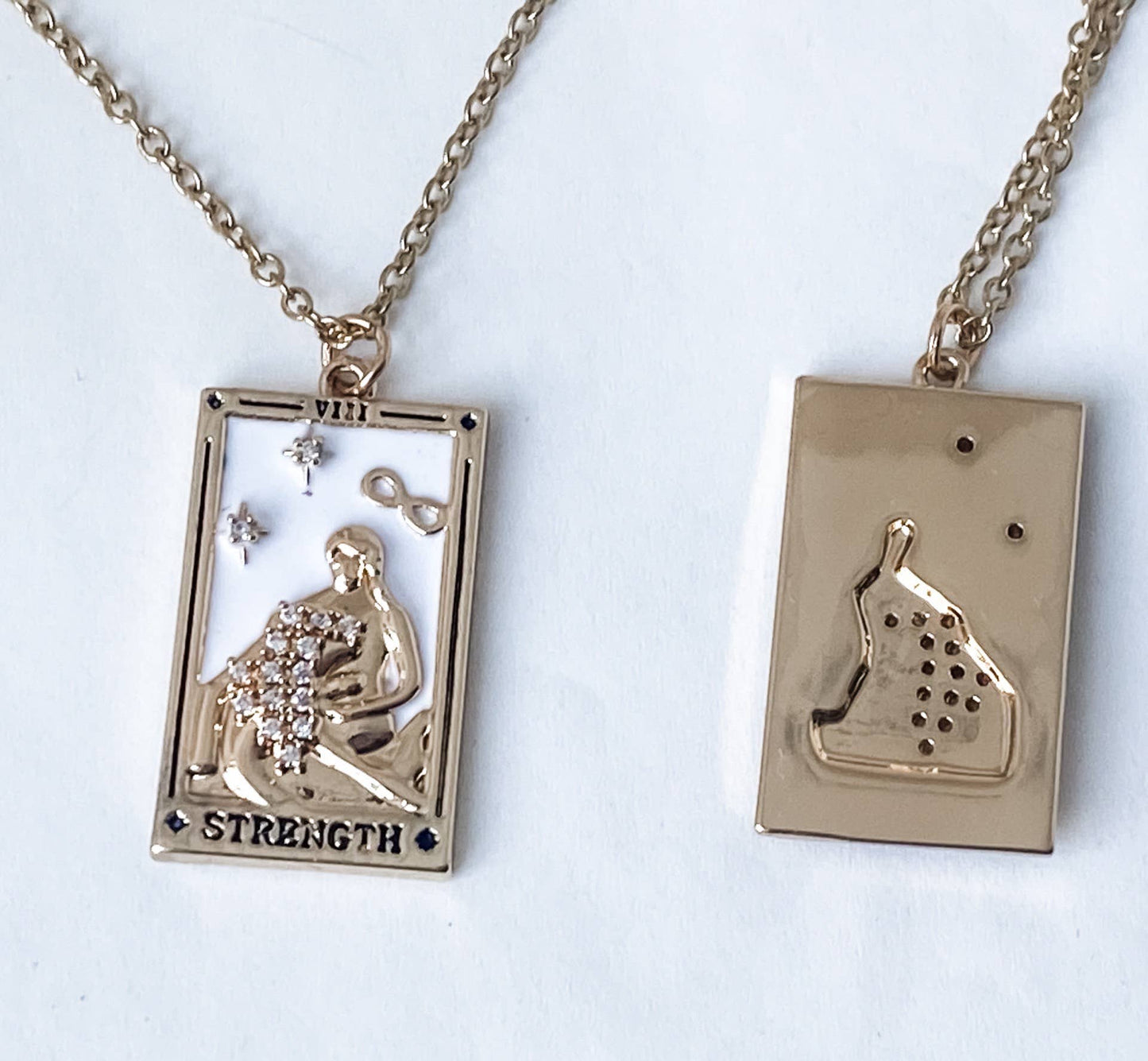 HoopLa Style - Tarot Card Necklace- Strength- Wrestling a Lion. 18K Gold