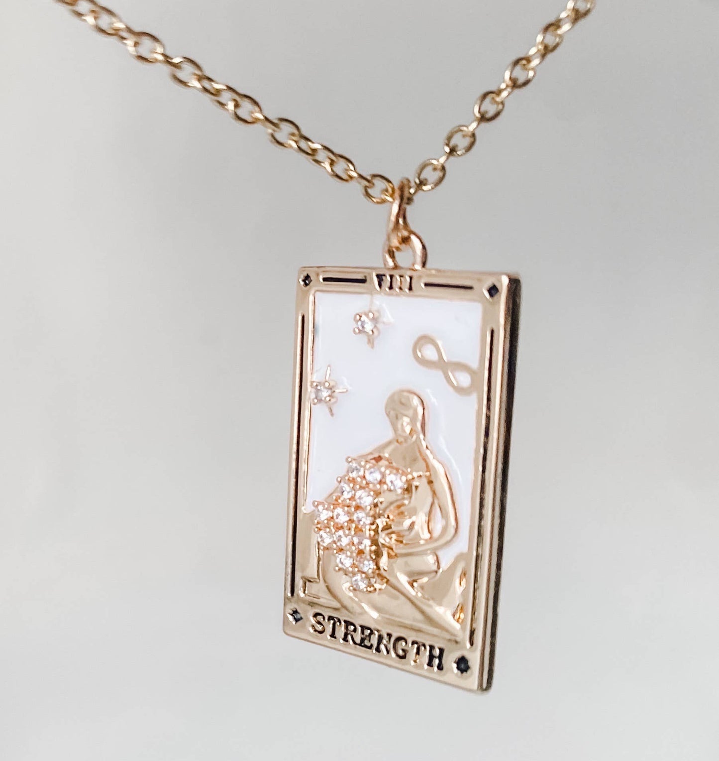 HoopLa Style - Tarot Card Necklace- Strength- Wrestling a Lion. 18K Gold